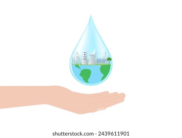 Save Water or Save the World Concept. Hand Holding Drop of Water and World. World Water Day and Environment day. Vector Illustration.