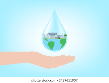Save Water or Save the World Concept. Hand Holding Drop of Water and World. World Water Day and Environment day. Vector Illustration.
