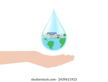 Save Water or Save the World Concept. Hand Holding Drop of Water and World. World Water Day and Environment day. Vector Illustration.