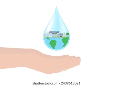Save Water or Save the World Concept. Hand Holding Drop of Water and World. World Water Day and Environment day. Vector Illustration.