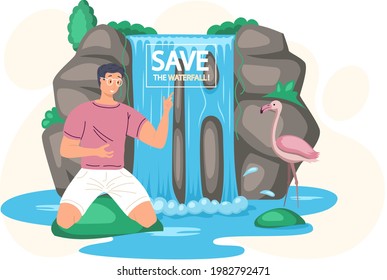 Salvar el concepto de cascadas. El hombre se encuentra junto a la roca y la cascada y goza de un maravilloso lugar natural con naturaleza limpia, río tropical y hermosa cascada en el paisaje montañoso, lago con pájaros flamencos