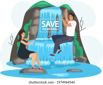 Save waterfalls concept, rock and falling water, tropical river and waterfall. Beautiful cascade in mountains landscape with plants, rocks and wooden bridge. Couple sitting near lake and bush foliage