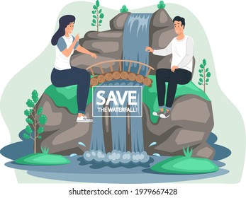 Save waterfalls concept, rock and falling water, tropical river and waterfall. Beautiful cascade in mountains landscape with plants, rocks and wooden bridge. Couple sitting near lake and bush foliage