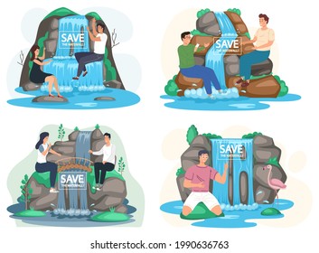 Save waterfalls ecological concept, rock and falling water, tropical river and waterfall. Beautiful cascade in mountains landscape with plants scenes set. Man and woman near lake and bush foliage