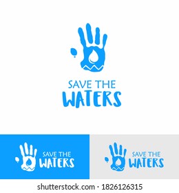 Save the waters hand logo template. Water symbol in hand ecological campaign sign. 