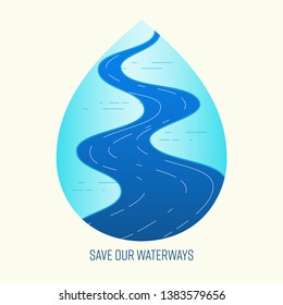 Save Waterway Concept. Prevent Water Pollution Metaphor. Symbol Of Water Conservation. Vector Illustration Outline Flat Design Style.