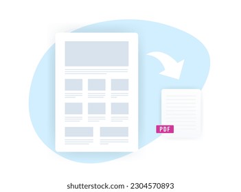 Save Website as PDF concept illustration. Convert html web page articles to pdf file. Vector illustration isolated on white background with icons