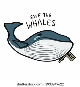 Save the whales, Whales crying for help cartoon vector illustration