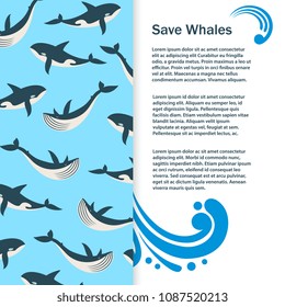 Save whales vector banner design. Wild whales flyer template illustration