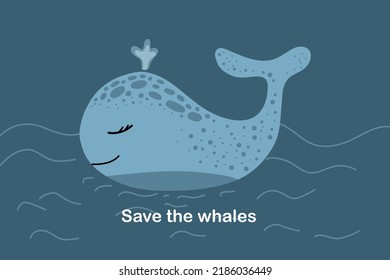 Salven a las ballenas. Ilustración vectorial. Ballena. Cartel, folleto, pancarta, tarjeta. Ilustración infantil, estilo de dibujos animados.