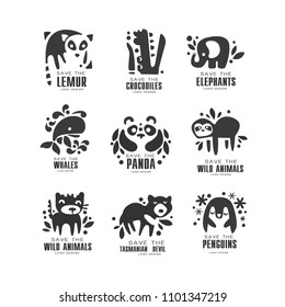 Save wild animal logo design set, protection of african animals black and white sign vector Illustrations on a white background