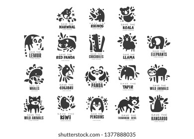 Save wild animal logo design set, protection of african animals black and white sign vector Illustrations on a white background