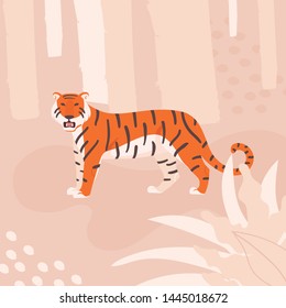Save wild animals concept. Amur tiger. A rare species of animal. Vector flat cartoon illustration