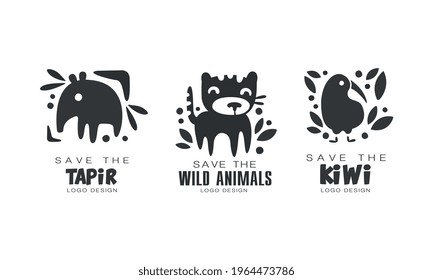 Save Wild Animals Logo Design Set, Protection of Tapir, Wild Animals, Kiwi Animals Black and White Badges Vector Illustration