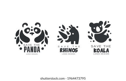 Save Wild Animals Logo Design Set, Protection of Panda, Rhino, Koala Animals Black and White Badges Vector Illustration