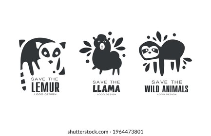 Juego de diseño del logotipo Save Wild Animals, Protección de Lemur, Animales de Llama Ilustración del vector de insignias blancas y negras