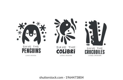 Logo-Design-Set speichern, Pinguine schützen, Colibri, Krokodile Tiere Schwarz-Weiß-Abzeichen, Vektorgrafik speichern