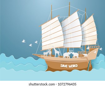 Save Wildlife concept.Wild animals on Barque in the blue sea in summer season and go to the new island,vector and illustration