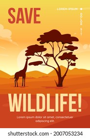 Save wildlife poster flat vector template. Wild animals habitats protection. Brochure, booklet one page concept design with cartoon landscape. Wildlife conservation flyer, leaflet with copy space