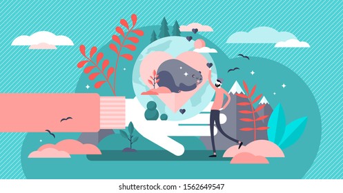 Save the wildlife vector illustration. Flat tiny animal care person concept. Ecological extinction prevention and nature protection. Endangered fauna species support and love for biological diversity