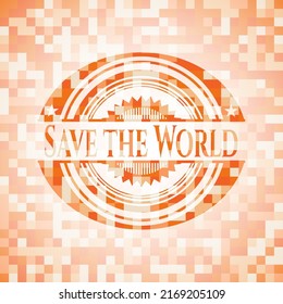Speichern Sie das abstrakte Symbol der Welt, orangefarbener Mosaikhintergrund 