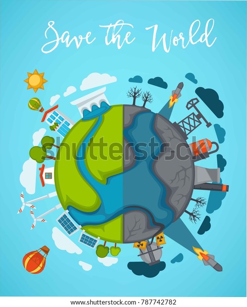 Save\
world agitation poster with globe divided in\
half