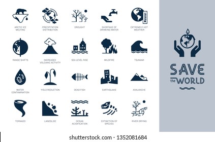 Save the World big icon set. Different variants of environmental icons on the theme of ecology in flat style isolated on background. Save the World flat style icon set with lettering.