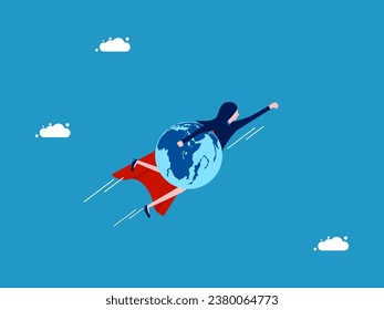 Save the world. Businesswoman hero holds the world and flies in the sky
