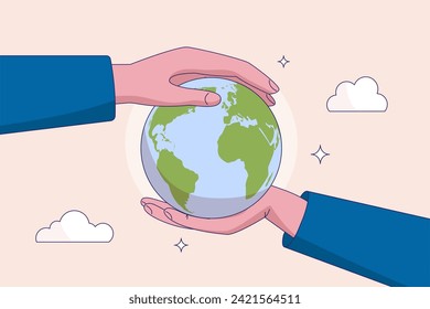 Salven al mundo. Concepto mundial de atención y apoyo, paz o ecología, sostenibilidad y protección del medio ambiente, mano de negocios que mantiene el planeta tierra con cuidado y otra cobertura de protección.