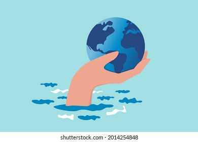 Save the world from climate change and global warming problem, protect our planet from melting ice flood or disaster concept, hand tendering holding world or globe above climate flood ocean.