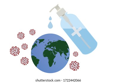 Save World concept - Clean world with alcohol gel, prevent infection of Covid-19 virus, safe people