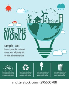 Save the World Concept , Ecology idea green bulb, Green City, environment, ecology infographic