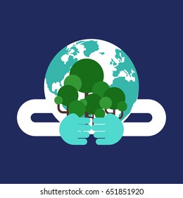 Save the world concept flat design. Globe hugging tree, vector illustration