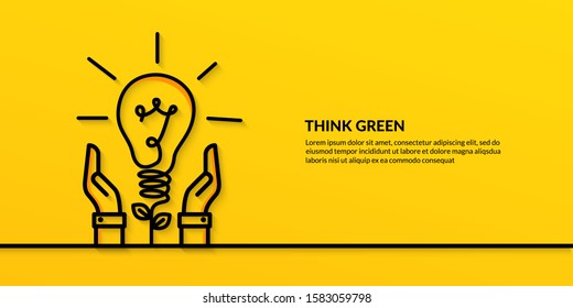 Save the world concept with hand hold light bulb, flat nature ecology on yellow background