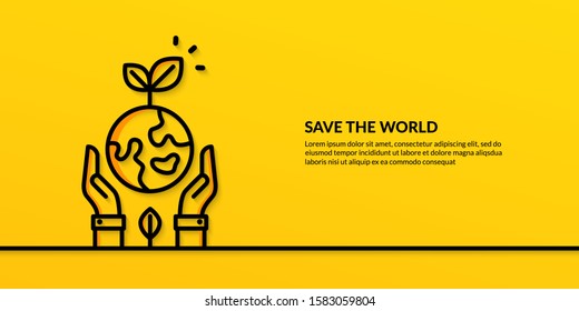 Save the world concept with hands hold earth, flat nature ecology on yellow background