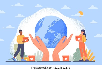 Save world concept. Man and woman stand in front of large hands holding globe. Activists and volunteers, emission reduction and environmental and planet care. Cartoon flat vector illustration