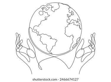 save world concept in one line drawing continuous with caring hands protection metaphor illustration
