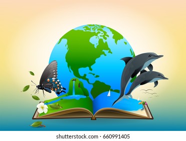 Save world concept, Open a book with a beautiful world, forest, ocean and creatures living on Earth. vector illustration.