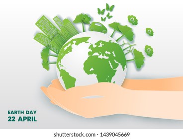 Save world concept with tree,Paper art and digital craft style