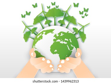 Save world concept with tree,Paper art and digital craft style