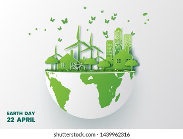Save world concept with tree,Paper art and digital craft style