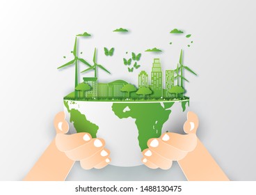 Save world concept with tree,Paper art and digital craft style