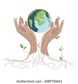 Salvar el concepto del mundo.Planeta tierra en manos humanas con raíces de follaje y árbol en un dibujo de fondo blanco.Cambio climático mundial.Ilustración vectorial