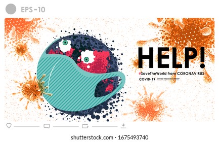 Save the world from Coronavirus illustration concept. Earth wearing protective masks to prevent epidemic corona virus.The campaign of people help the world from Covid-19 strain cases as a pandemic.