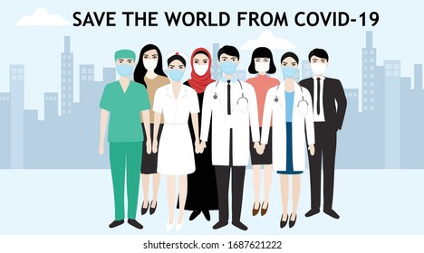 Save the world from COVID-19 background doctor team and people holding hands together vector illustration