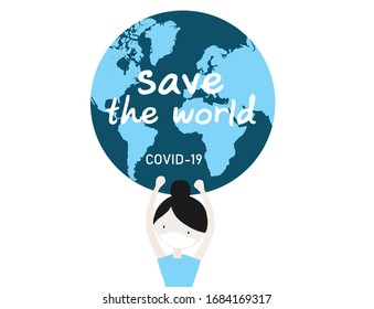 Save the world from COVID-19 concept cute girl wearing surgical mask holding world vector illustration. COVID-19 design background