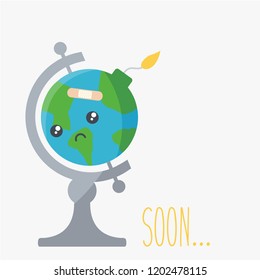 save the world cute sweet sad face globe creative. global warming poor planet isolated flat design. earth day cartoon & hour. damage & warning bomb concept vector clean. sadness & Helplessness icon