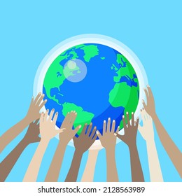 Save The World. Diverse Hands Holding The Earth. World Peace Concept. Tolerance, Race Equality, Human Diversity, Climate Change, Global Warming, Ecology Concept. Flat Vector Illustration