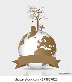 Save the world, Dry tree on a deforested globe. Vector illustration.