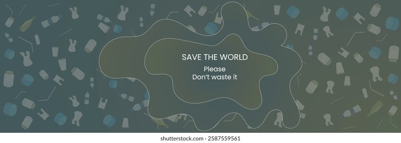 Save the World Eco Awareness Background with Plastic Waste and Fluid Shape